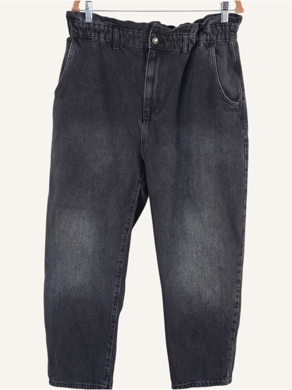 Zara Black Paperbag High Rise Cropped Barrel Jeans Size 12 100% Cotton